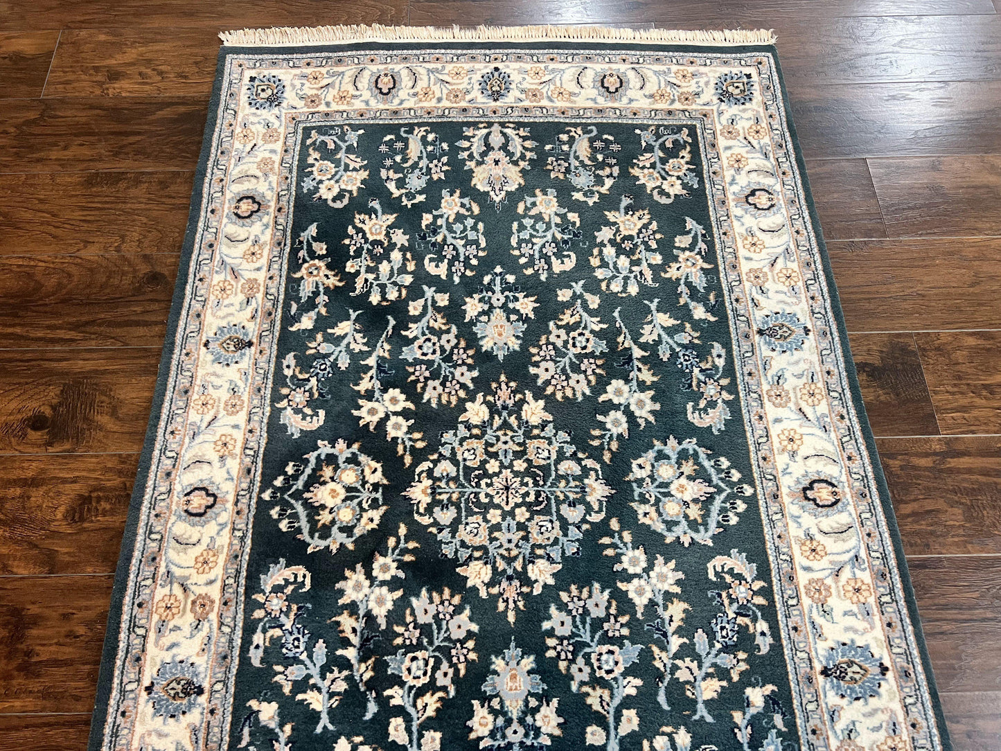 Green Indo Persian Rug 4x6, Floral Allover, Handmade Vintage Oriental Carpet, Sarouk Rug, Wool - Nuvé