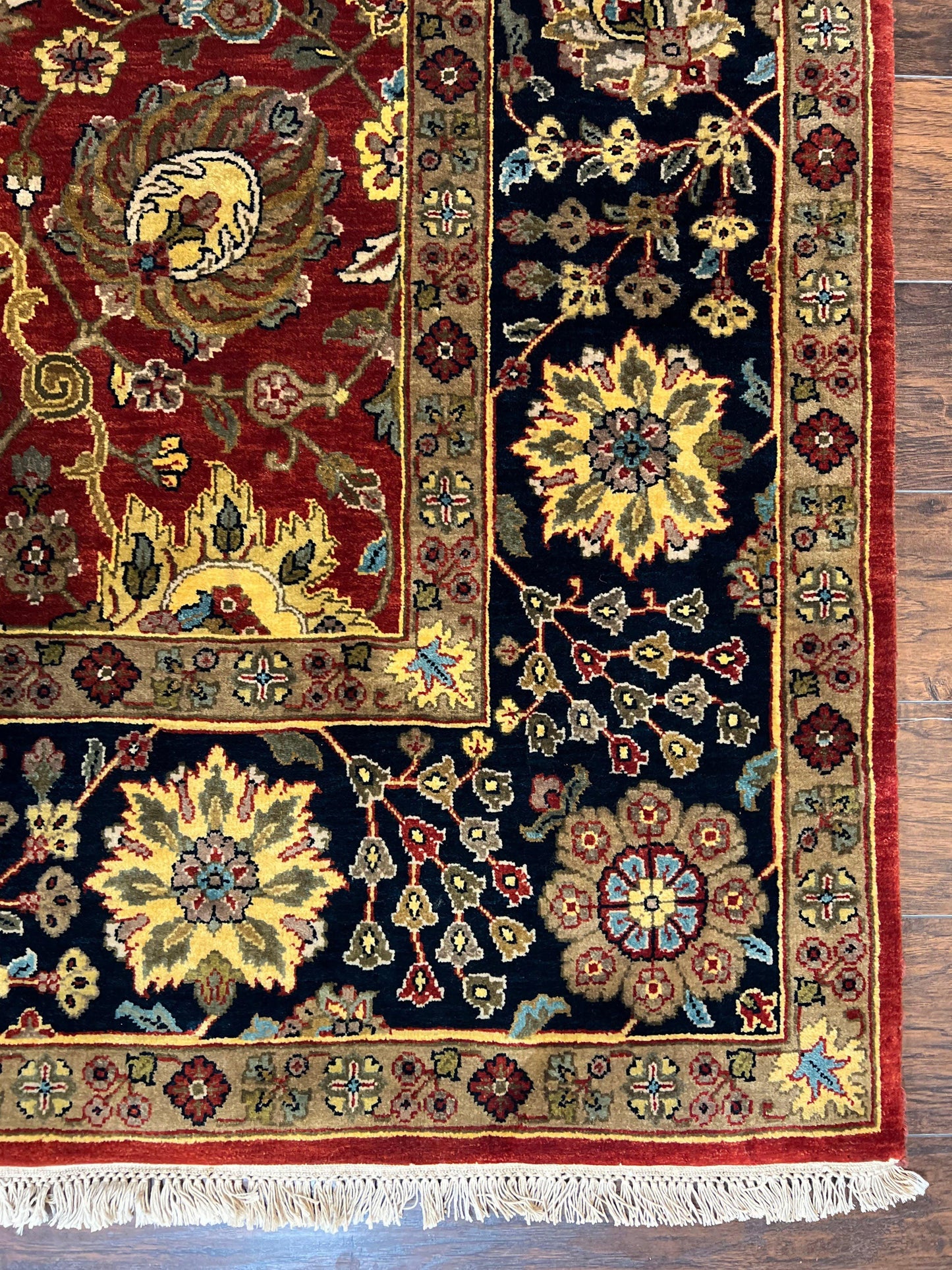 Indo Persian Rug 9x12, Hand Knotted Traditional Indian Wool Oriental Carpet 9 x 12 ft, Maroon and Navy Blue, Floral Allover 9x12 Vintage Rug - Nuvé