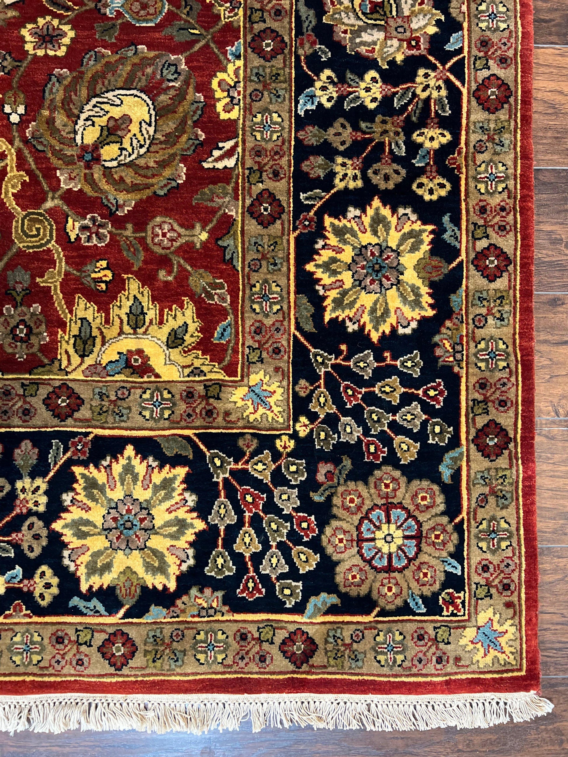 Indo Persian Rug 9x12, Hand Knotted Traditional Indian Wool Oriental Carpet 9 x 12 ft, Maroon and Navy Blue, Floral Allover 9x12 Vintage Rug - Nuvé