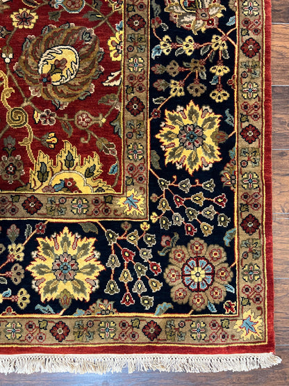 Indo Persian Rug 9x12, Hand Knotted Traditional Indian Wool Oriental Carpet 9 x 12 ft, Maroon and Navy Blue, Floral Allover 9x12 Vintage Rug - Nuvé