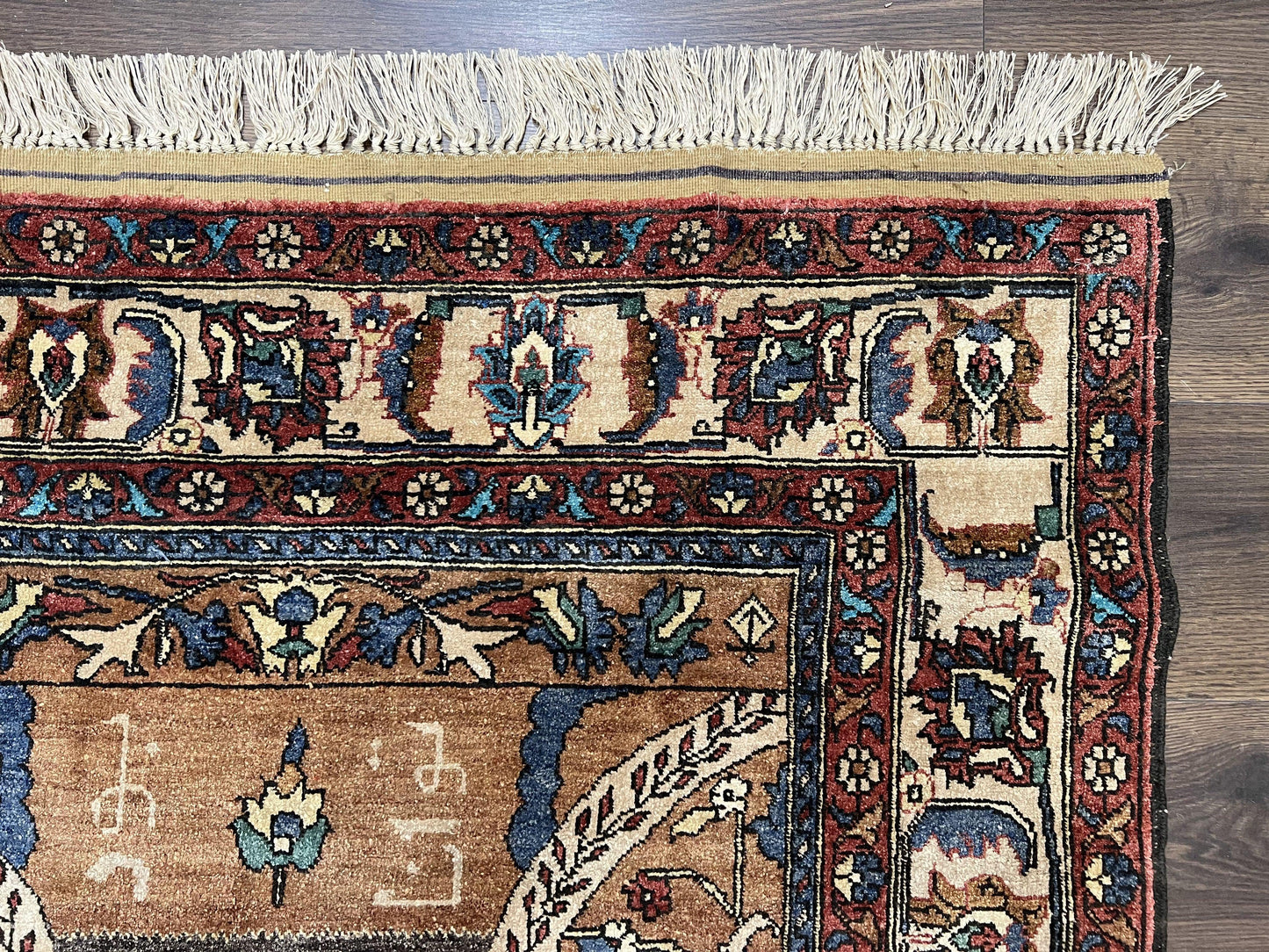 Unique Afghan Silk Rug 4x6, Hunting Pattern Animal Motifs, Light Brown and Cream, Persian Handwritten Poetry, Fine 1940s Oriental Carpet Wow - Nuvé