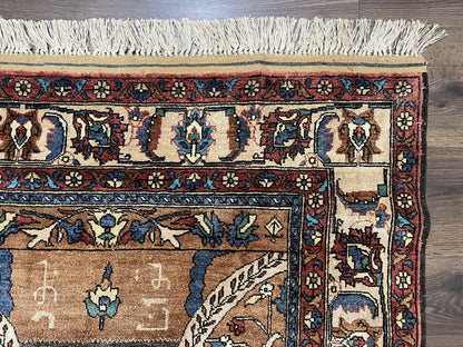 Unique Afghan Silk Rug 4x6, Hunting Pattern Animal Motifs, Light Brown and Cream, Persian Handwritten Poetry, Fine 1940s Oriental Carpet Wow - Nuvé