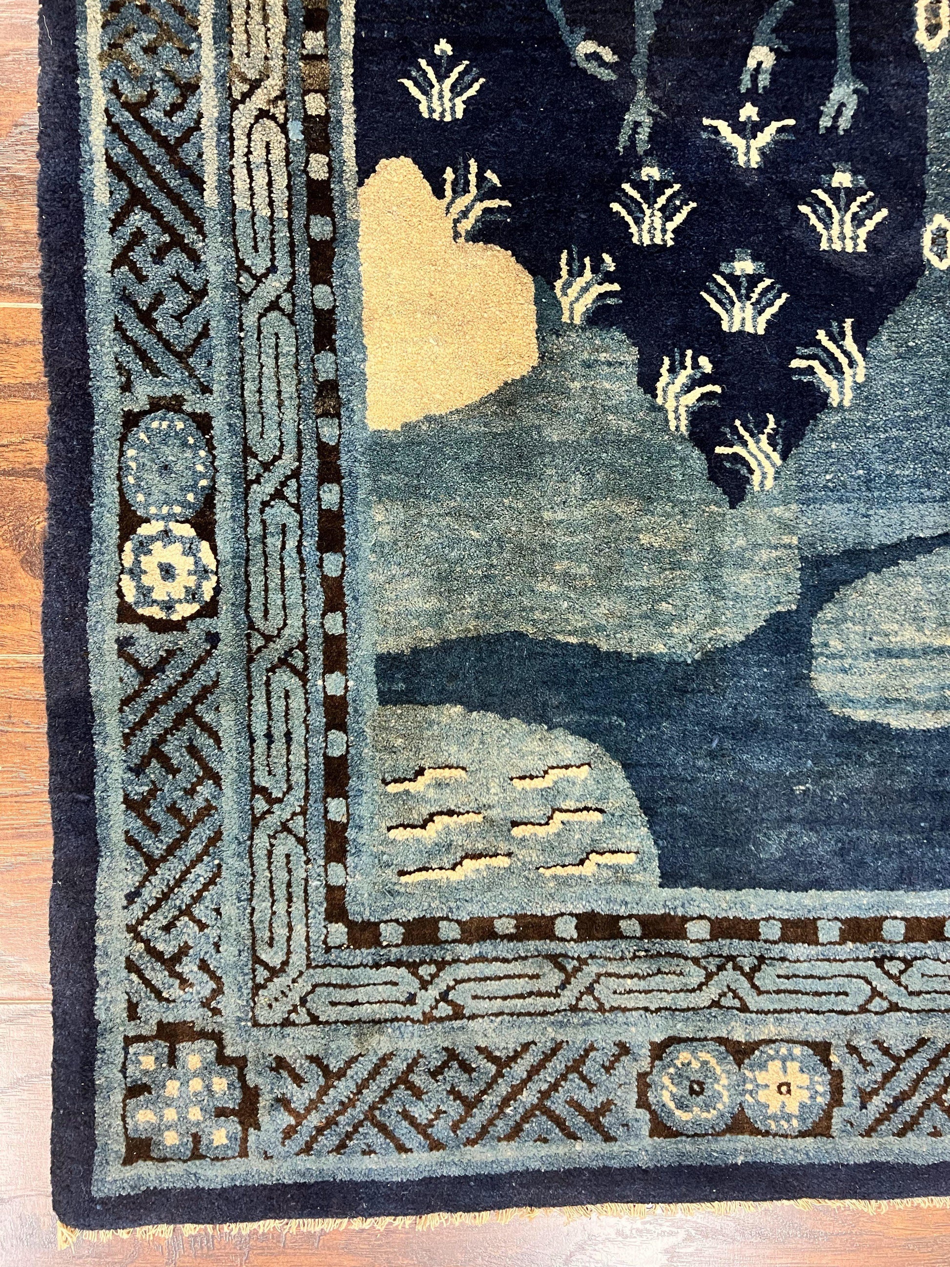 Antique Chinese Peking Rug 3x5, Dark Blue Chinese Wool Rug 3 x 5, Animal Pictorials Deer Birds, Handmade Asian Oriental Chinese Carpet - Nuvé