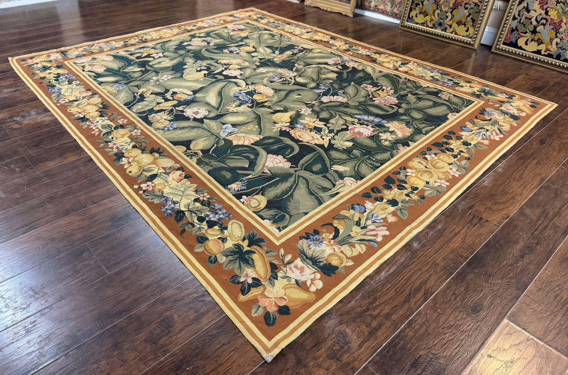 Needlepoint Rug 8x10, Vintage, Handmade, Wool, Green, Leaves & Fruits - Nuvé