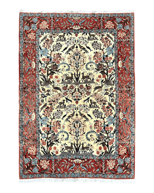 Persian Tree of Life 5x7, Qum Rug, Animal Motifs, Deer Birds, Fine 225 KPSI, Semi Antique Wool Rug, Cream Red