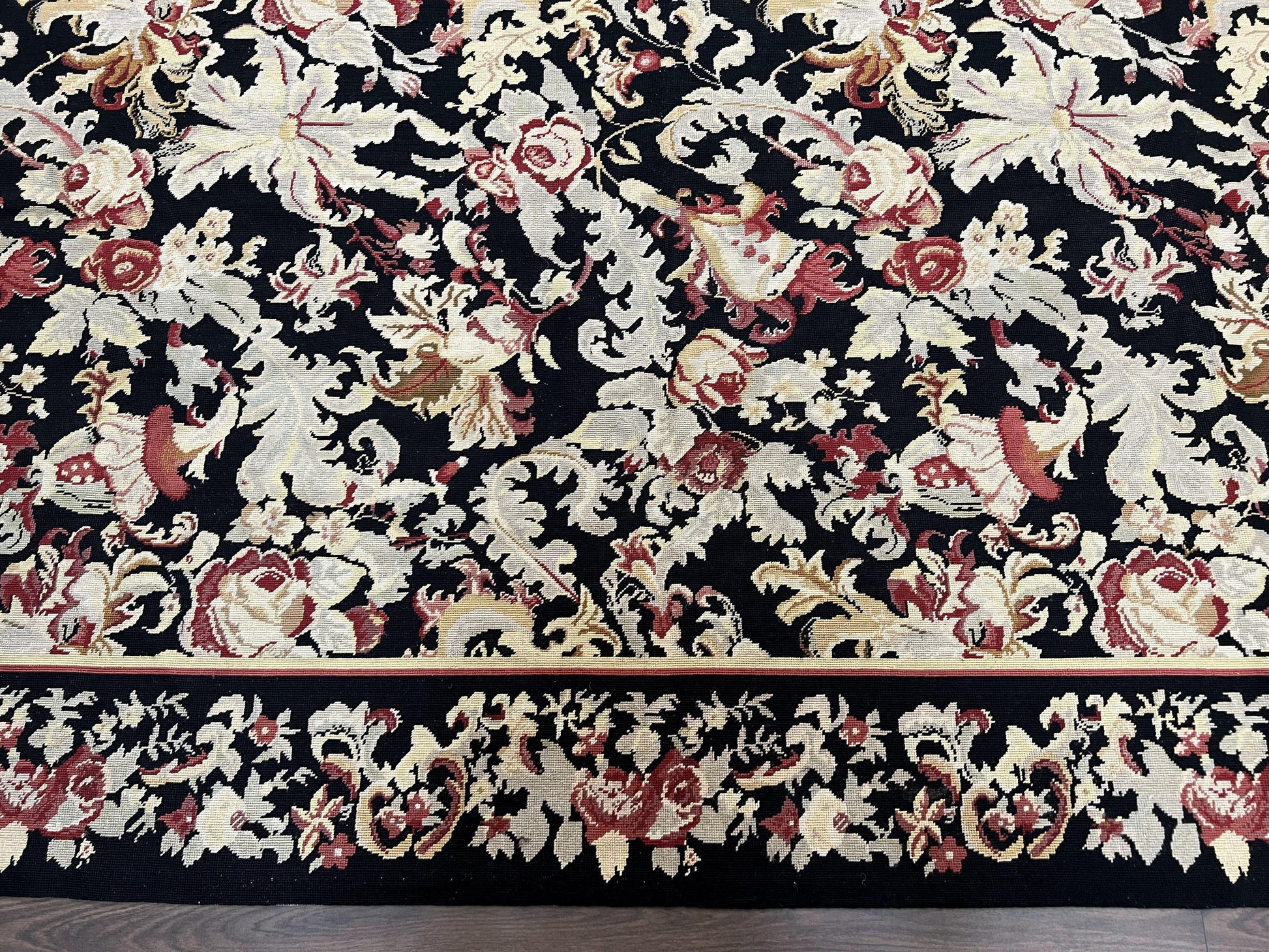 Wool Needlepoint Rug 9x12, William Morris Vintage Chinese Needlepoint Carpet 9 x 12, Handwoven, Allover Floral Area Rug, Black Light Green - Nuvé