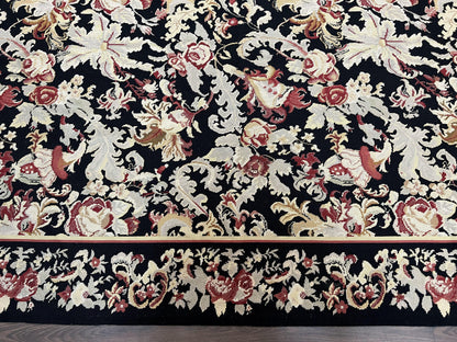 Wool Needlepoint Rug 9x12, William Morris Vintage Chinese Needlepoint Carpet 9 x 12, Handwoven, Allover Floral Area Rug, Black Light Green - Nuvé