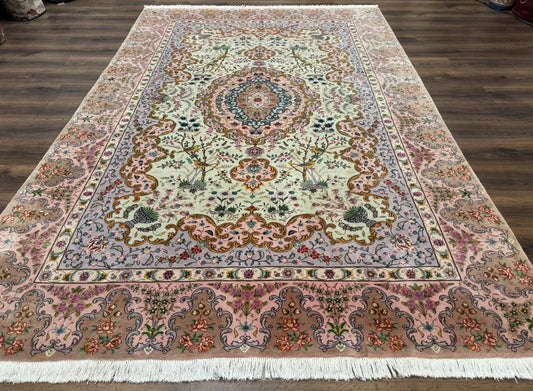 Wonderful Persian Tabriz Rug 7x10, Very Fine 330 KPSI, Light Green Light Blue Pink, Kork Wool Silk Foundation, Bird Pictorials - Nuvé