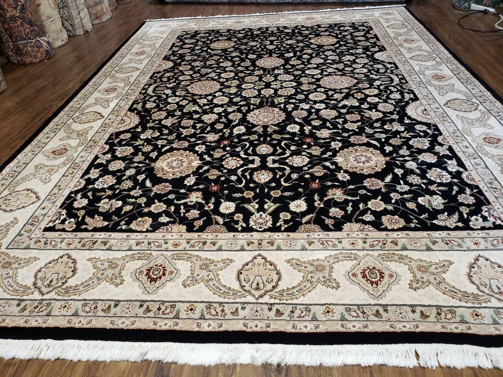 8' 5" X 11' 6" Vintage Handmade Oriental Floral Wool Rug Silk Accent Black Nice - Nuvé