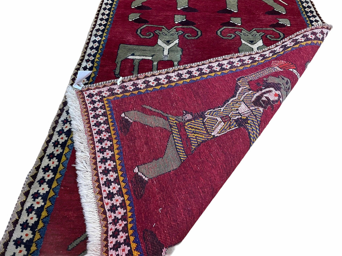 3 X 6 Handmade Wool Rug Tribal Balouch Warriors Deer Animal Pictorial Red Swords