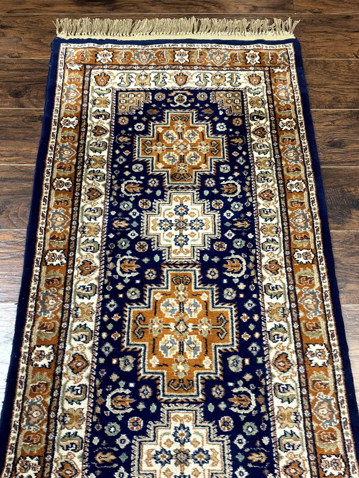 Indo Persian Runner Rug 2.6 x 12.7, Indian Kashmiri Runner for Hallway or Kitchen, Navy Blue, Geometric Medallions, Handmade Wool - Nuvé