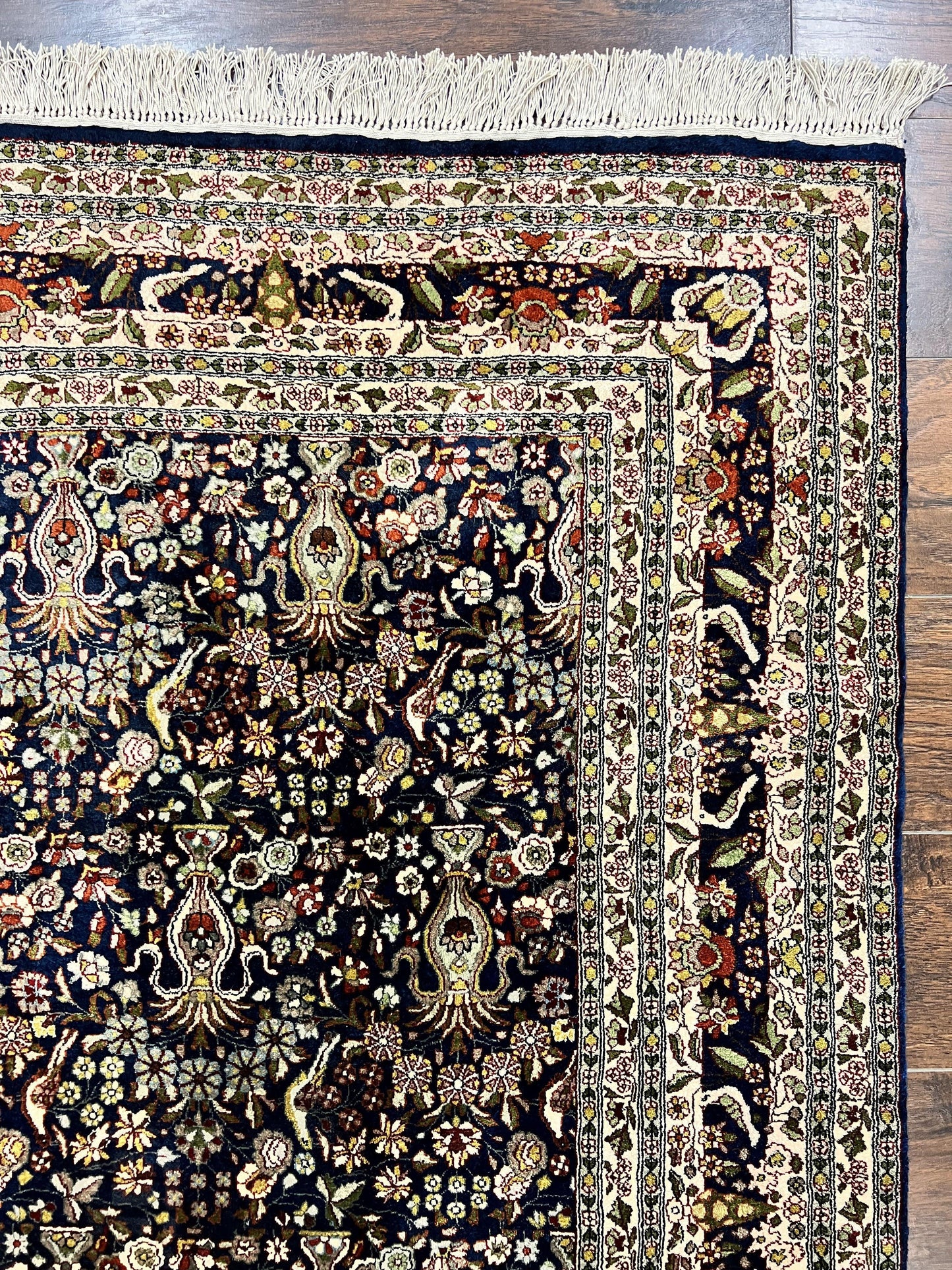 Silk Indian Kashmiri Rug 5x7, Navy Blue Indo Persian Silk Carpet 5 x 7 ft, Hand Knotted Handmade Very Fine Oriental Carpet, 450 KPSI, Birds - Nuvé