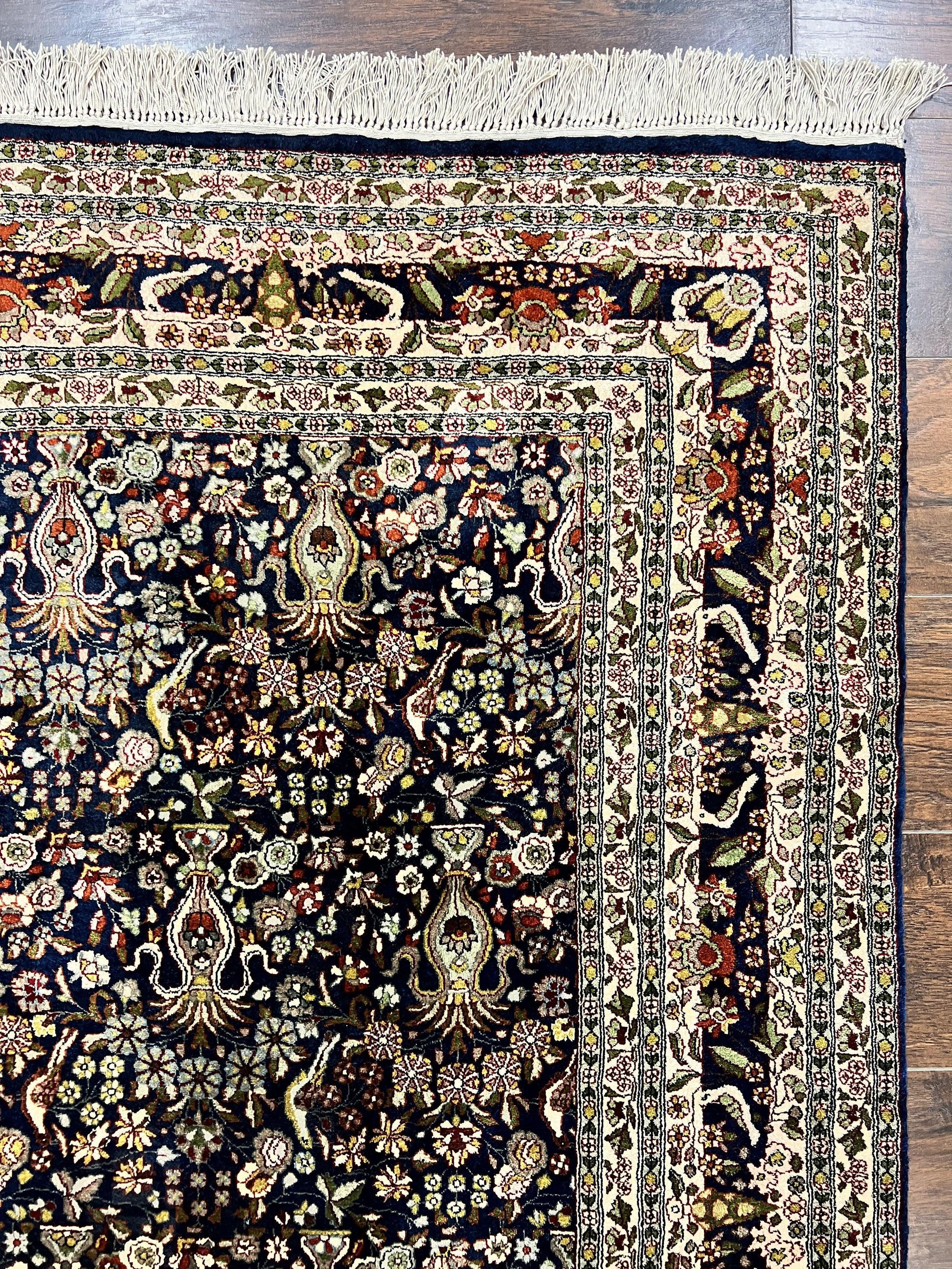 Silk Indian Kashmiri Rug 5x7, Navy Blue Indo Persian Silk Carpet 5 x 7 ft, Hand Knotted Handmade Very Fine Oriental Carpet, 450 KPSI, Birds - Nuvé