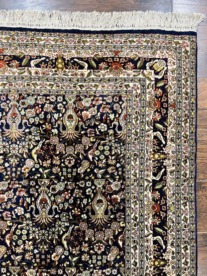 Silk Indian Kashmiri Rug 5x7, Navy Blue Indo Persian Silk Carpet 5 x 7 ft, Hand Knotted Handmade Very Fine Oriental Carpet, 450 KPSI, Birds - Nuvé