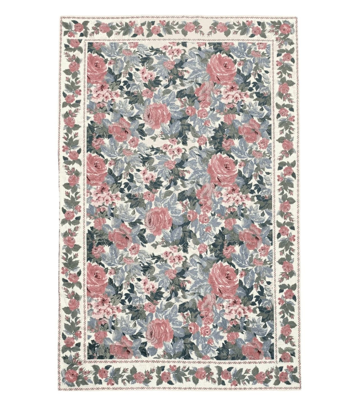5x8 Needlepoint Rug 5' 4" x 8' 3" Wool Flat Weave Floral New Unused Carpet English Design Ivory Large Pink Flowers Green Leaves Hand-Knotted