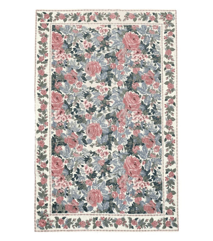 5x8 Needlepoint Rug 5' 4" x 8' 3" Wool Flat Weave Floral New Unused Carpet English Design Ivory Large Pink Flowers Green Leaves Hand-Knotted