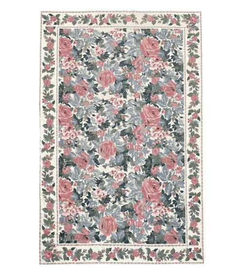 5x8 Needlepoint Rug 5' 4" x 8' 3" Wool Flat Weave Floral New Unused Carpet English Design Ivory Large Pink Flowers Green Leaves Hand-Knotted