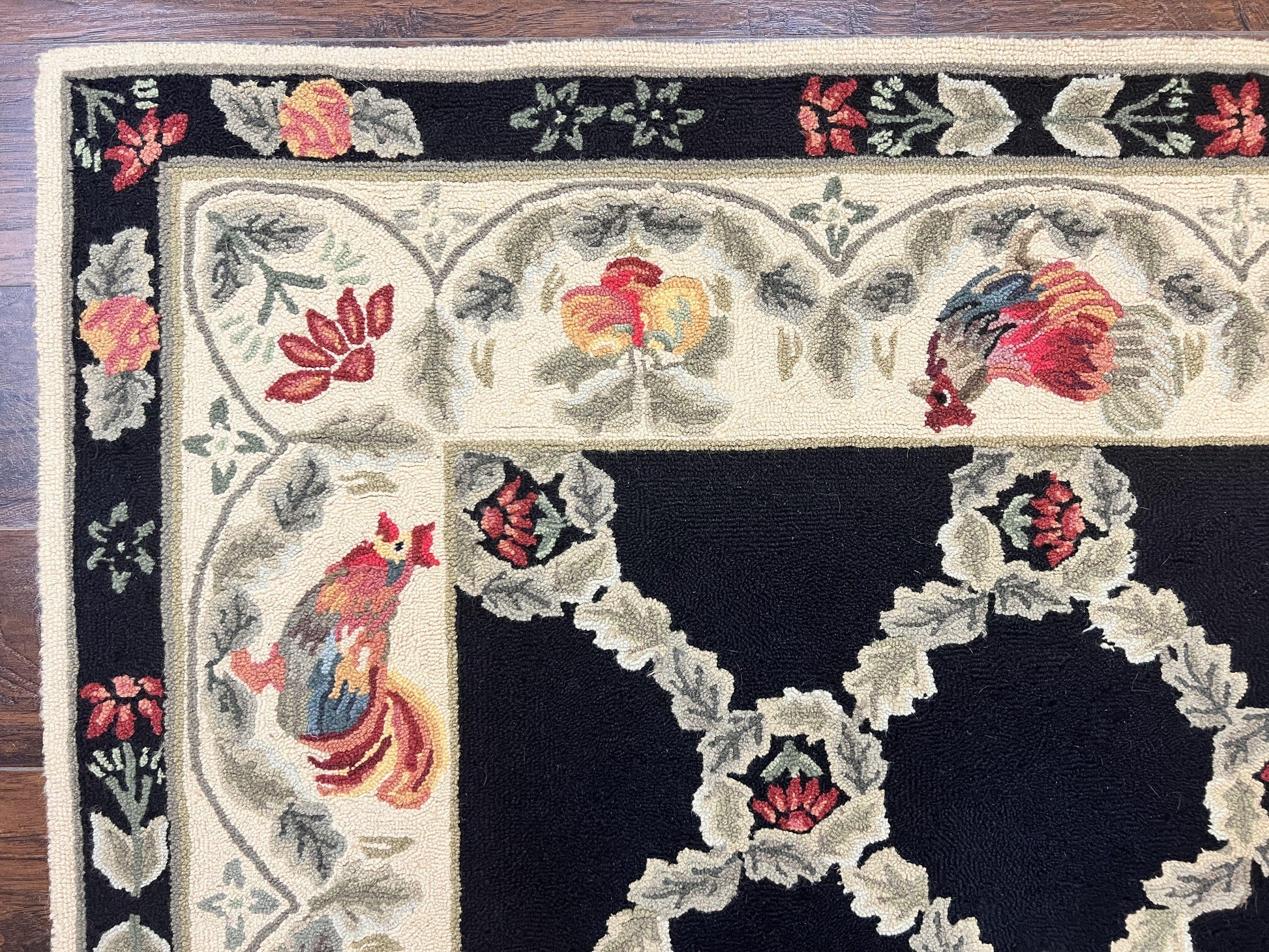 Hooked Rug 5x8, European Aubusson Pattern, Black and Ivory, Roses & Roosters, Vintage Wool Rug - Nuvé
