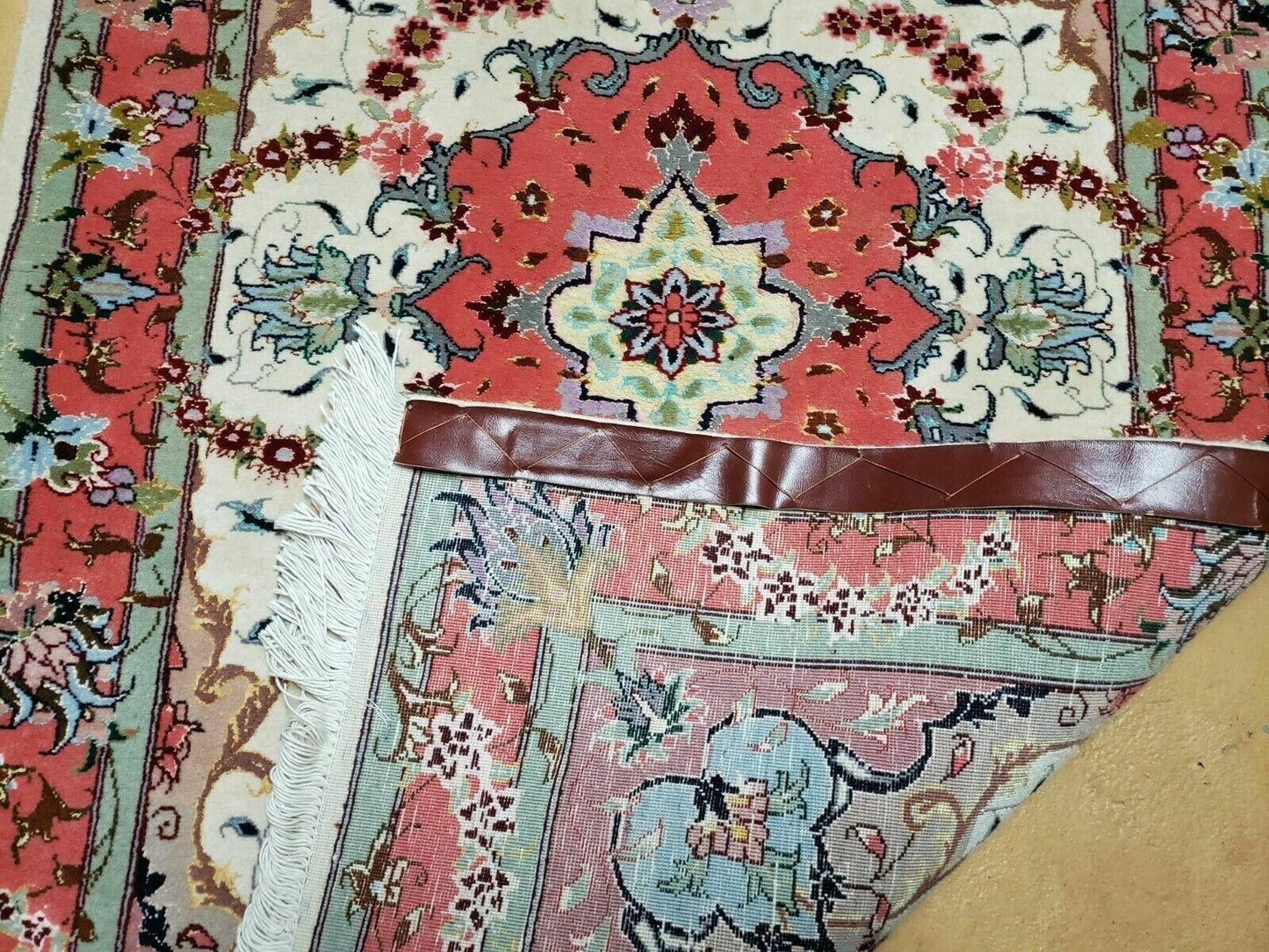 Small Vintage Persian Tabriz Wool and Silk Rug 2.5 x 4 ft, Very Finely Hand Knotted, Medallion, Ivory Salmon Light Blue, Top Quality, Pair B - Nuvé