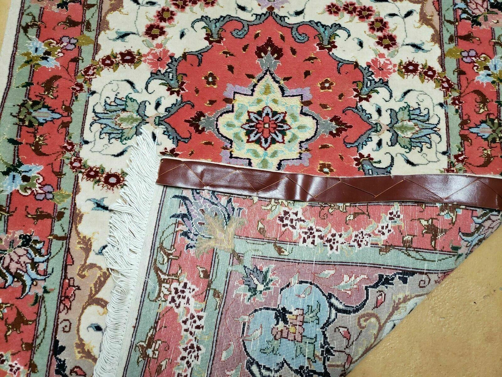 Small Vintage Persian Tabriz Wool and Silk Rug 2.5 x 4 ft, Very Finely Hand Knotted, Medallion, Ivory Salmon Light Blue, Top Quality, Pair B - Nuvé