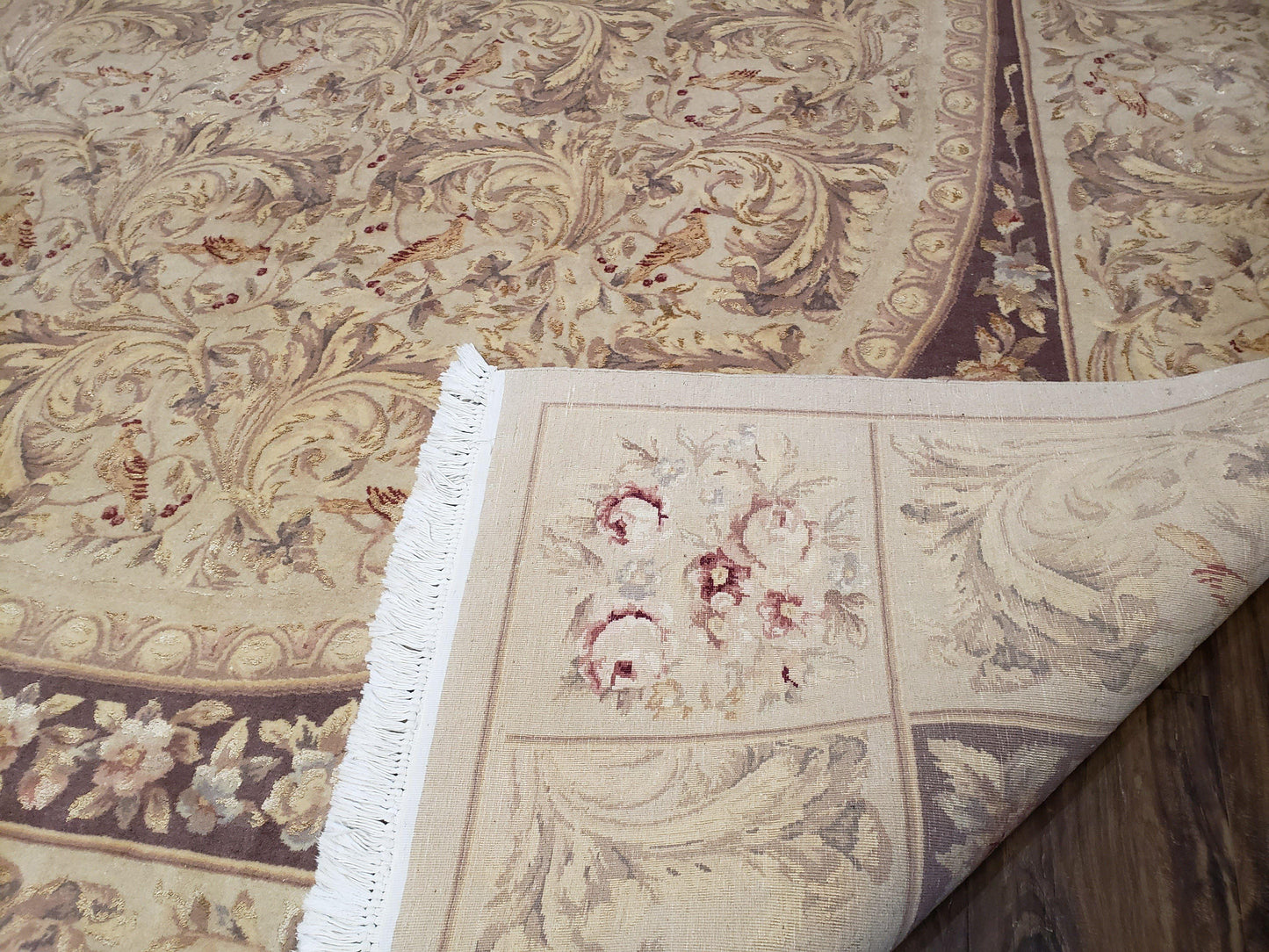 Chinese Aubusson Savonnerie Area Rug 8x12, Vintage 120 Line Carpet, Wool and Silk Hand-Knotted, Birds Flowers Master Weaver Signature - Nuvé