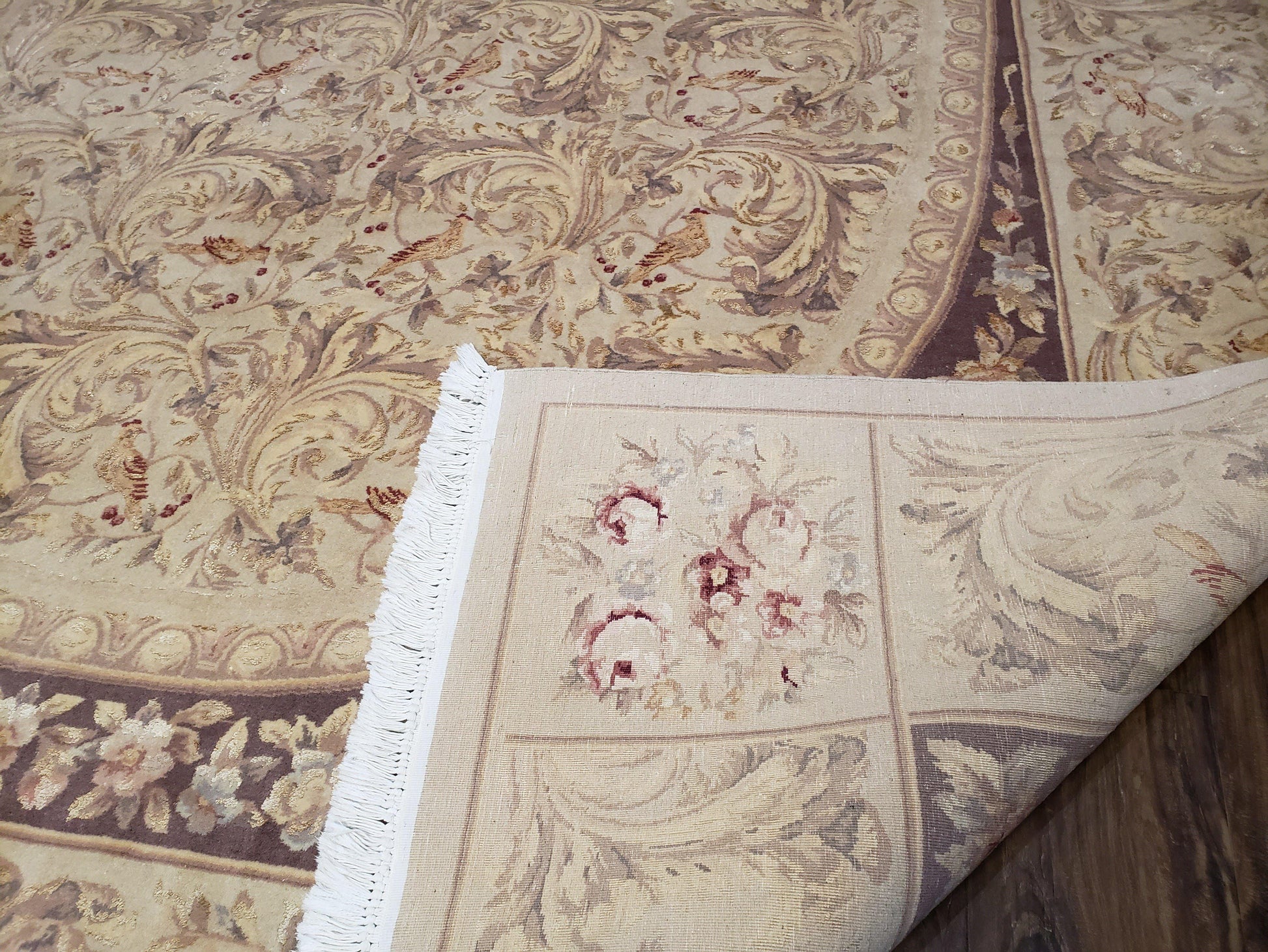 Chinese Aubusson Savonnerie Area Rug 8x12, Vintage 120 Line Carpet, Wool and Silk Hand-Knotted, Birds Flowers Master Weaver Signature - Nuvé