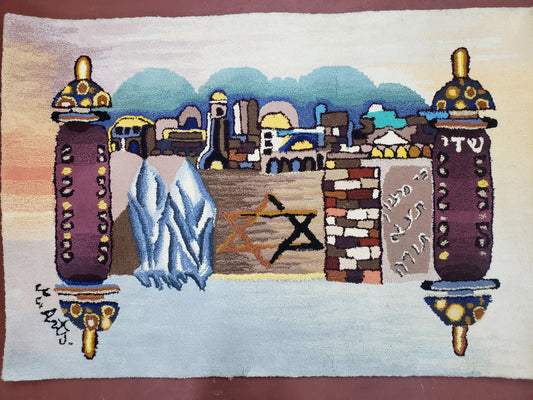 Vintage Judaica Pictorial Rug 3x5, Wool Hand-Tufted Israeli Signed Rug, Jerusalem Rug, Star of David Torah Scroll Verses, Chanuka Gift - Nuvé