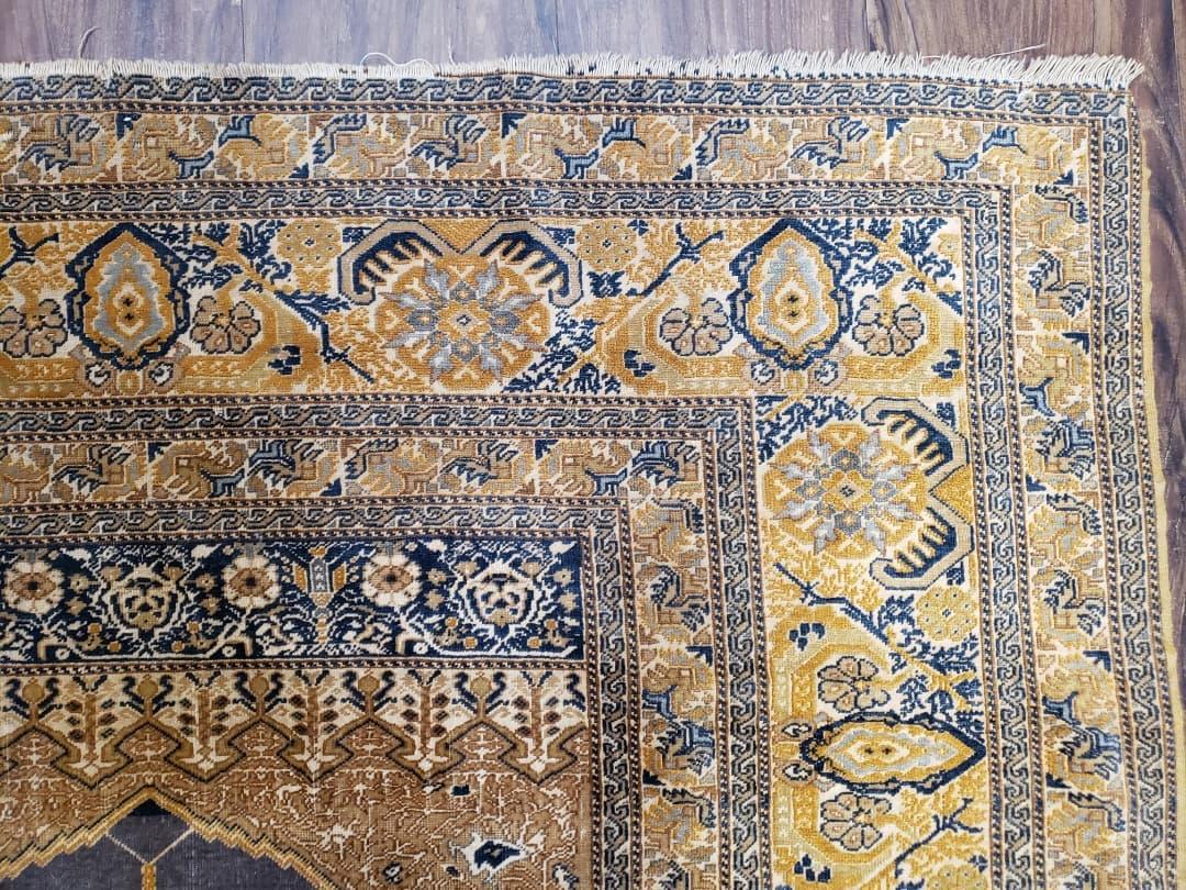 Rare Turkish Ghiordes Prayer Rug 4 x 5.8 ft, Late 19th Century Turkish Oriental Carpet, Mehrab Antique Prayer Rug, Museum Quality, Blue, Tan - Nuvé