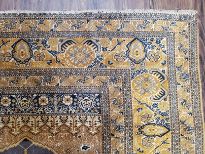 Rare Turkish Ghiordes Prayer Rug 4 x 5.8 ft, Late 19th Century Turkish Oriental Carpet, Mehrab Antique Prayer Rug, Museum Quality, Blue, Tan - Nuvé