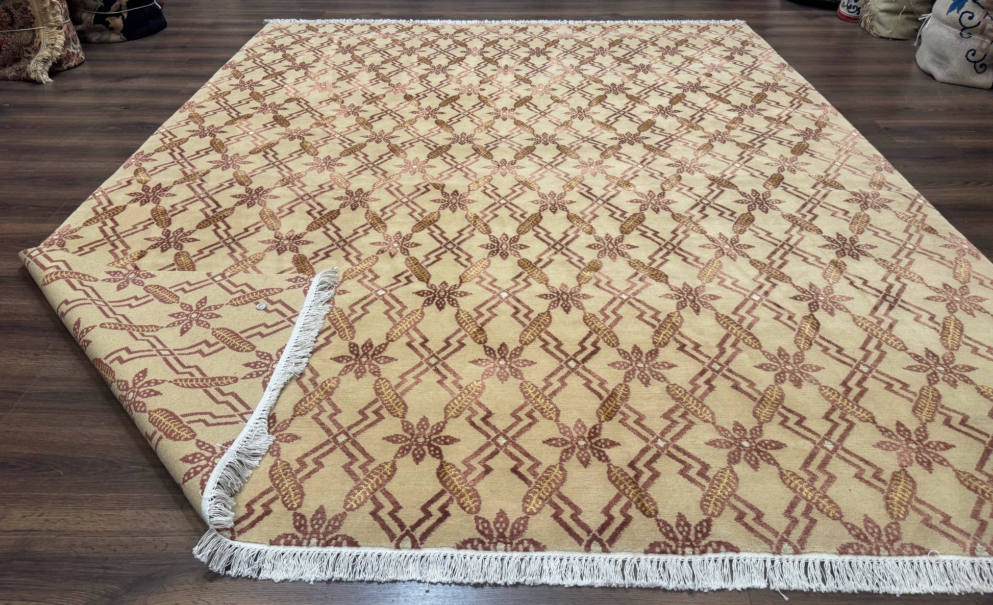 Tibetan Rug 8x10, Wool with Silk Highlights, Beige and Maroon, Contemporary Carpet - Nuvé