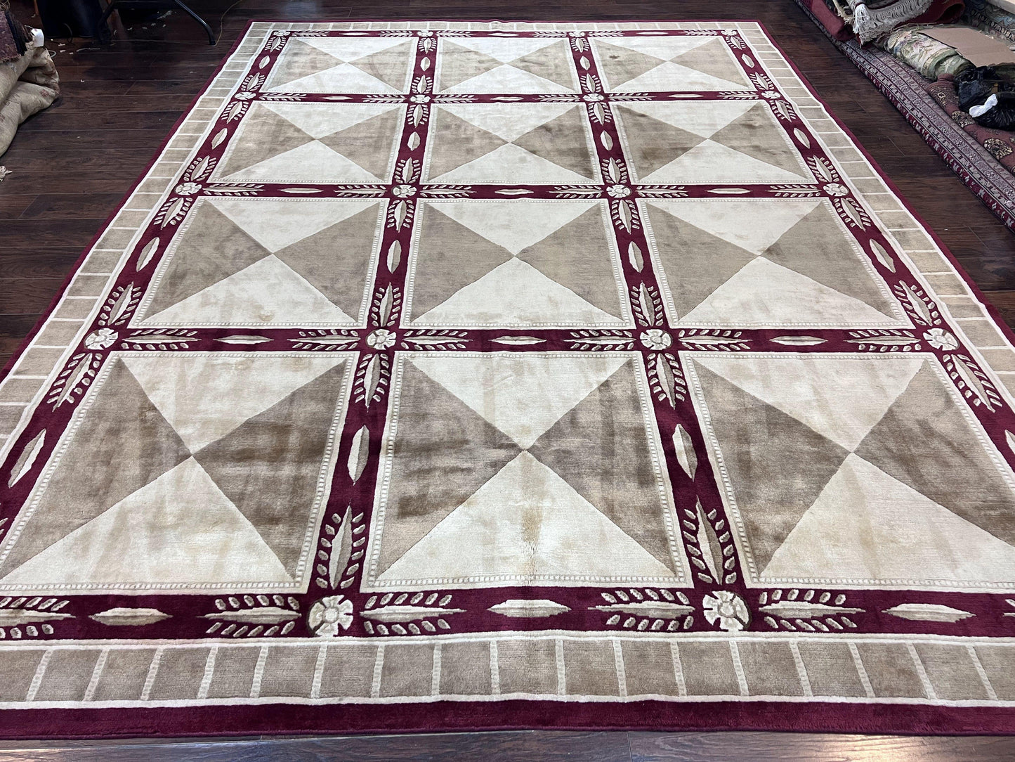 Indo Tibetan Rug 10x14, Nepali Carpet, Large Soft Wool Area Rug, Olive Tan Maroon, Contemporary Rug 10 x 14 ft Living Room Rug, Handmade Rug - Nuvé