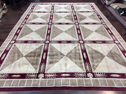 Indo Tibetan Rug 10x14, Nepali Carpet, Large Soft Wool Area Rug, Olive Tan Maroon, Contemporary Rug 10 x 14 ft Living Room Rug, Handmade Rug - Nuvé