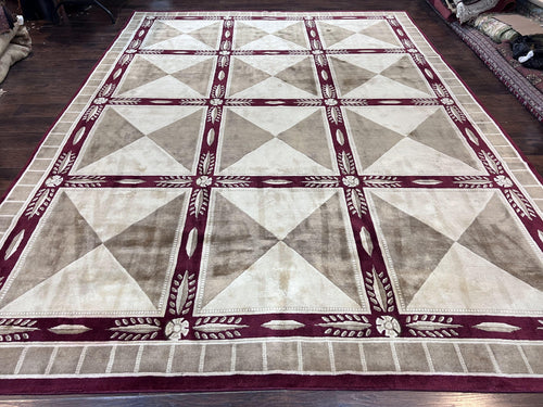Indo Tibetan Rug 10x14, Nepali Carpet, Large Soft Wool Area Rug, Olive Tan Maroon, Contemporary Rug 10 x 14 ft Living Room Rug, Handmade Rug - Nuvé