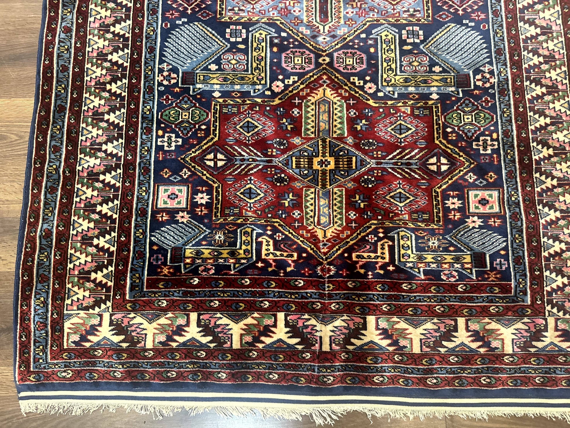 Indian Rug with Caucasian Design, 4x6 Geometric Carpet, Navy Blue and Cream - Nuvé
