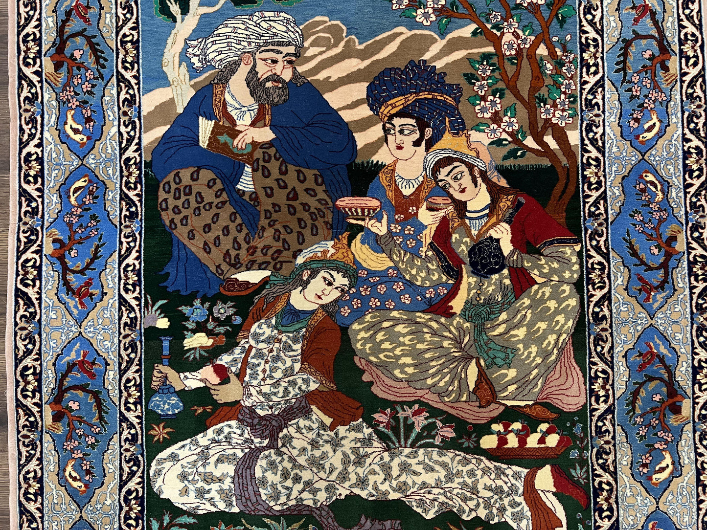 Fine Persian Isfahan Pictorial Rug 3.7 x 5, Kork Wool on Silk Foundation, Blue Persian Carpet, Hand Knotted, Humans Birds, High KPSI, Semi Antique - Nuvé