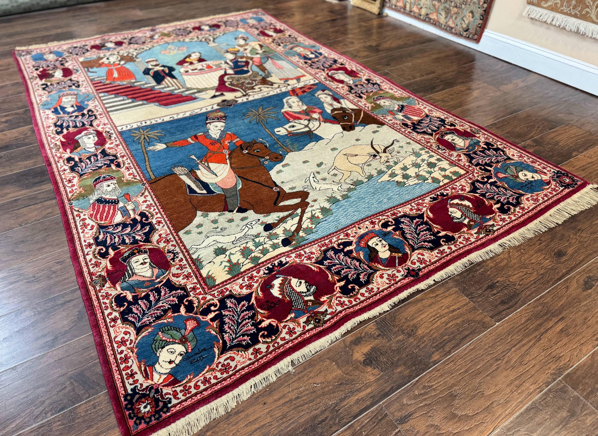 Rare Persian Kashan Pictorial Rug 6x9, King Bahram Hunting Scene, Persian Kings, Hand Knotted Persian Rug for Wall Hanging, Antique, Wool - Nuvé