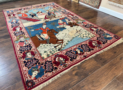 Rare Persian Kashan Pictorial Rug 6x9, King Bahram Hunting Scene, Persian Kings, Hand Knotted Persian Rug for Wall Hanging, Antique, Wool - Nuvé