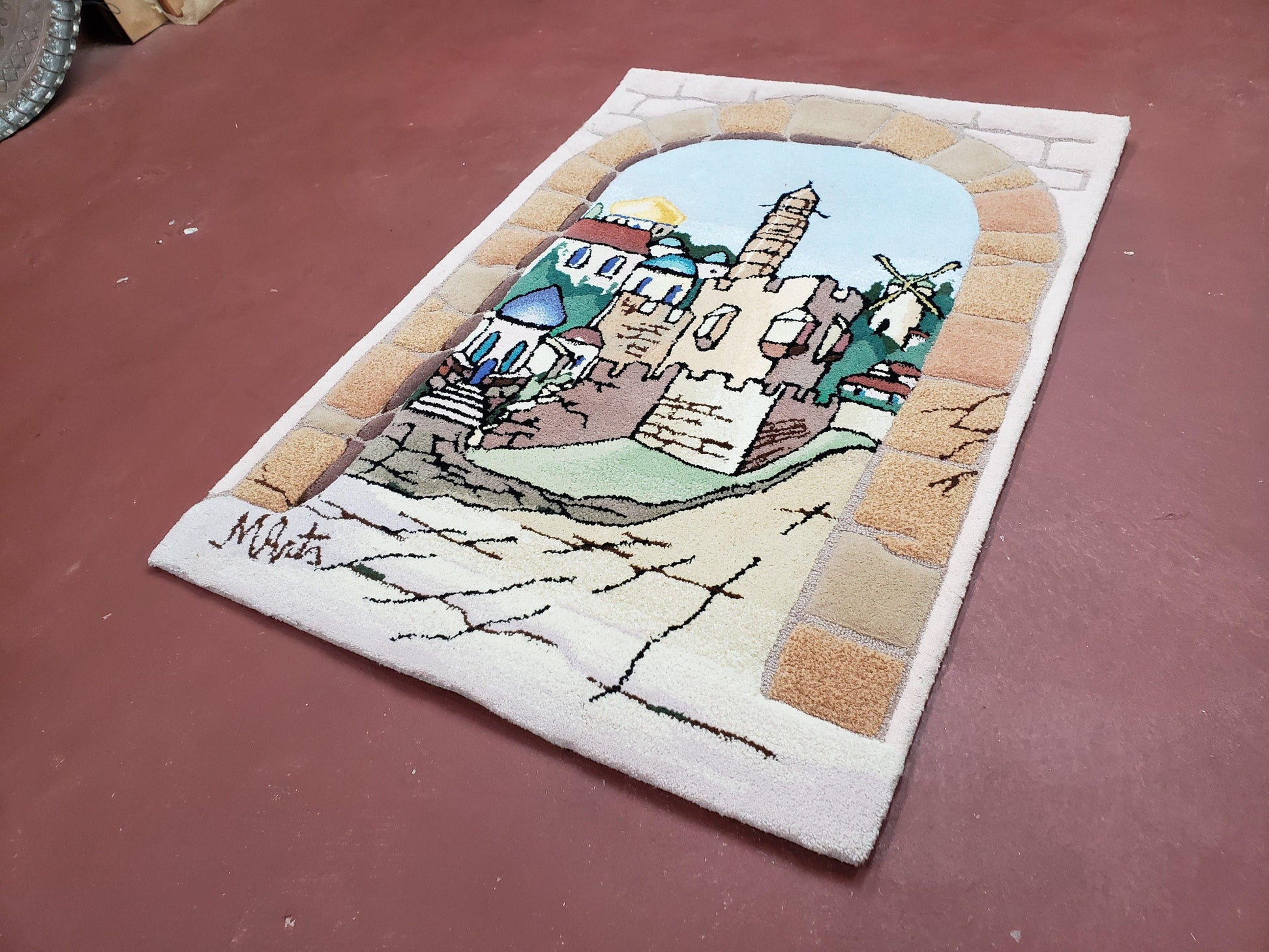 Small Judaica Rug, Rug with Jerusalem Pictorial, Chanuka Gift, Hand-Tufted, Jerusalem Gate, Vintage Judaica, Western Wall Rug, 3x4 Rug - Nuvé