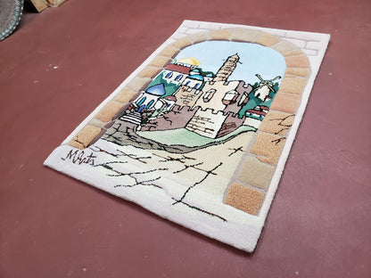 Small Judaica Rug, Rug with Jerusalem Pictorial, Chanuka Gift, Hand-Tufted, Jerusalem Gate, Vintage Judaica, Western Wall Rug, 3x4 Rug - Nuvé