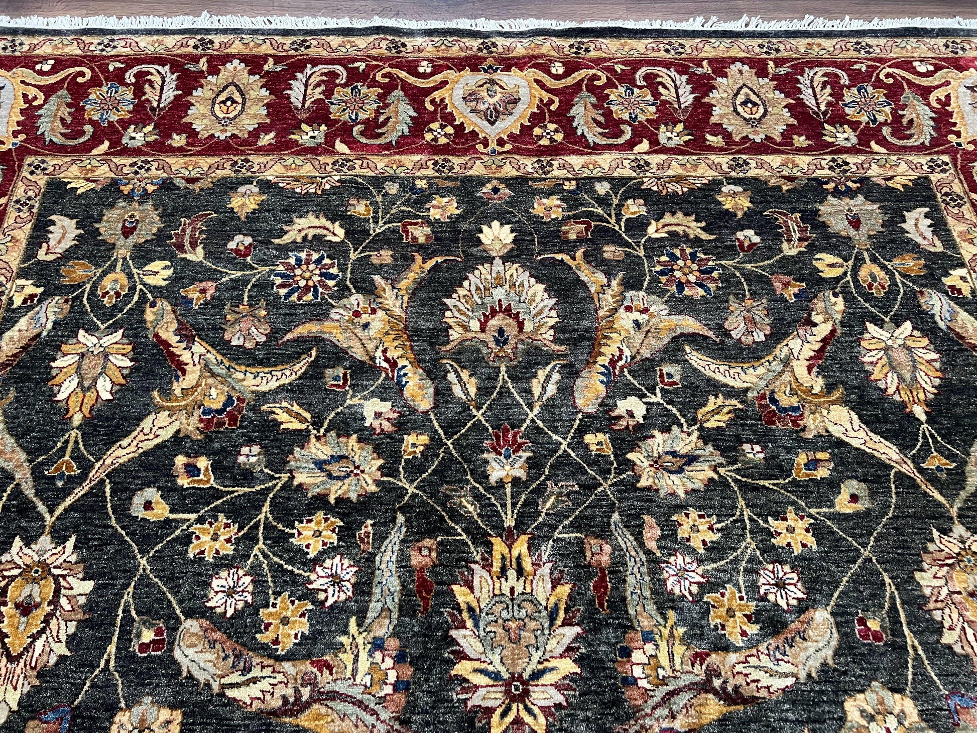 Pak Persian Mahal Rug 9x12, Allover Floral Pakistani Oriental Carpet 9 x 12, Wool Hand Knotted Area Rug, Dark Slate Gray-Black and Maroon - Nuvé