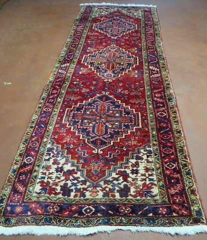 Persian Runner Rug, Heriz Runner Rug, Geometric Medallions, Red Cream Navy Blue Wool Hallway Rug 3.9 x 10.8 Antique Oriental Runner Handmade - Nuvé