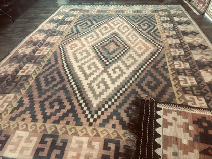 Antique Persian Tribal Kilim Rug 9x12, Zig Zag Pattern Kilim, Zarand Rug, Wool, Earth Tone Colors - Nuvé