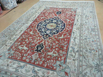 6' X 9' Vintage Handmade India Oriental Floral Wool Rug Hunting Bird Deer Nice - Nuvé