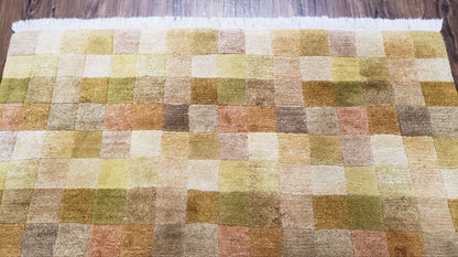 4x6 Tibetan Rug, Modern Abstract Handmade Area Rug, Checkerboard Pattern, Neutral Ivory Gold Tan Colors, Soft Pile, Mid Sized Rug, Nepali - Nuvé