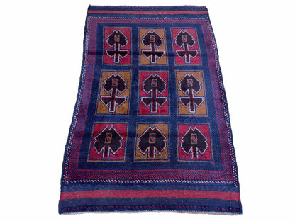 2' 9" X 4' 5" Vintage Handmade Tribal Wool Rug Balouchi Afghan Rug Blue Red 3x5
