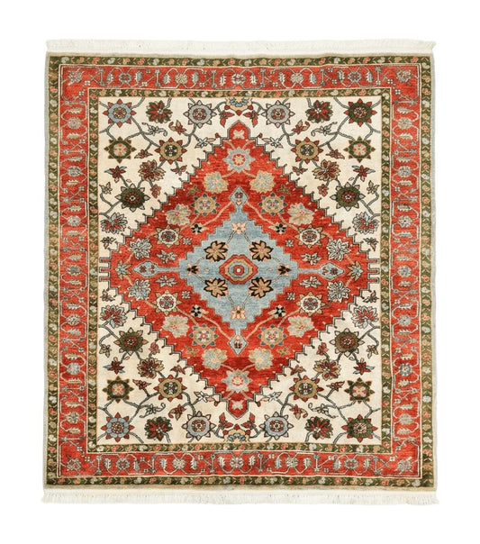 Indo Persian Heriz Rug 7x9, Geometric Pattern, Cream & Light Red, Handmade Vintage Wool Carpet
