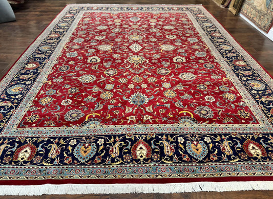 Pak Persian Rug 9x12, Red and Navy Blue, Floral Allover, Hand Knotted Vintage Wool Carpet, Fine 260 KPSI - Nuvé