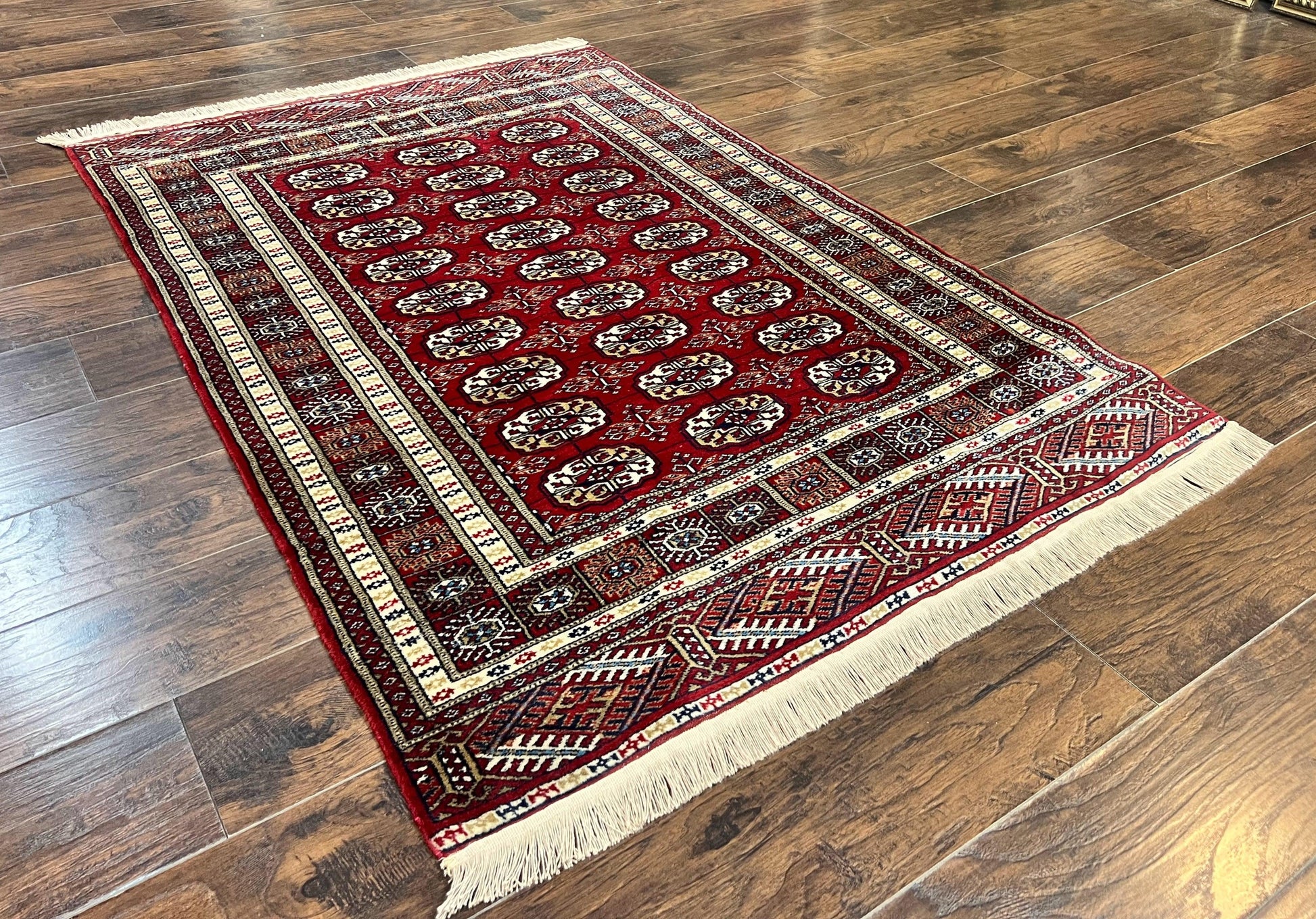 Pakistani Bokhara Rug 4x6, Red Turkoman Carpet, Finely Hand Knotted, Wool Vintage Rug - Nuvé