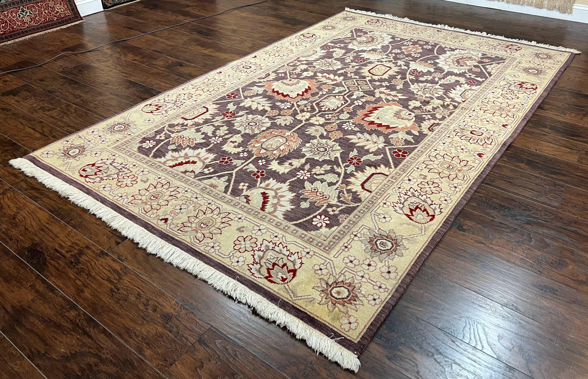 Vintage Indo Mahal Area Rug 6x9, Indian Persian Oriental Carpet 6 x 9, Puce Eggplant Tan Beige Rug, Hand-Knotted, Large Floral Design Wool - Nuvé