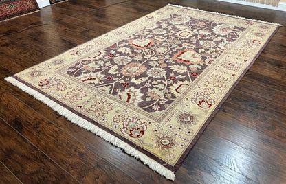 Vintage Indo Mahal Area Rug 6x9, Indian Persian Oriental Carpet 6 x 9, Puce Eggplant Tan Beige Rug, Hand-Knotted, Large Floral Design Wool - Nuvé